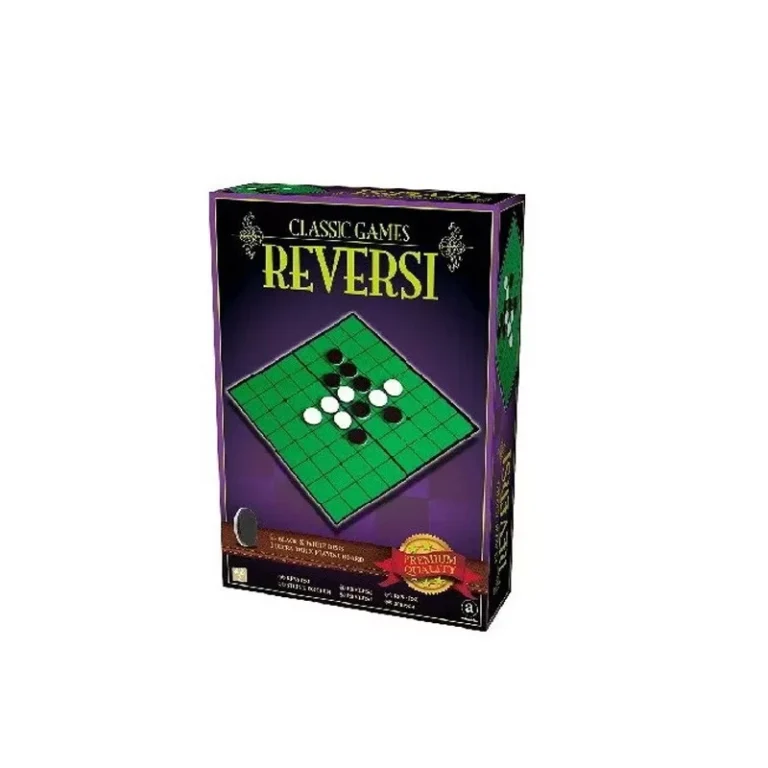 Boîte de jeu Reversi avec plateau vert et pions noirs blancs
