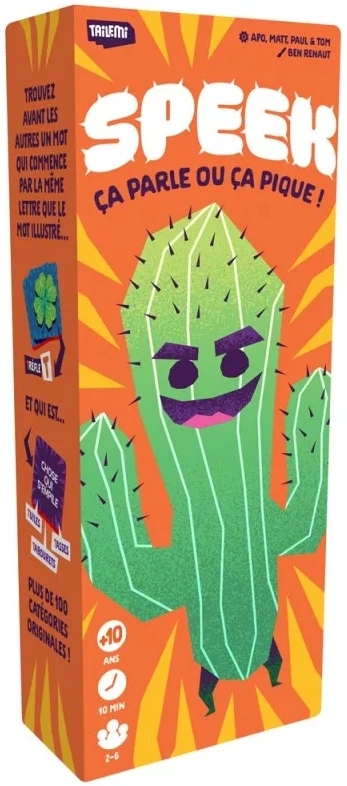 Boîte jeu Speek cactus vert souriant fond orange