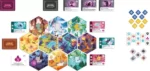 Contenu complet jeu de société Casting Shadows avec tuiles hexagonales colorées