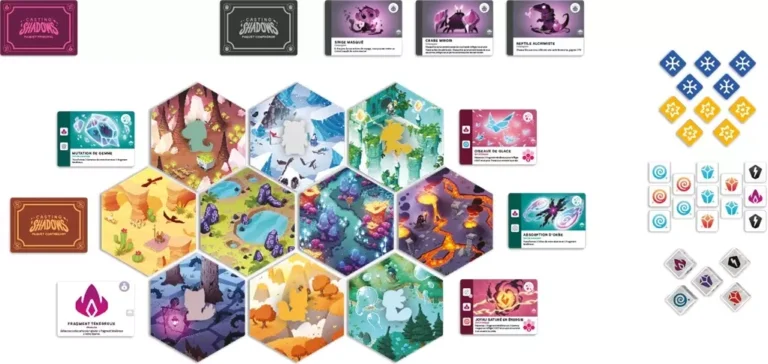 Contenu complet jeu de société Casting Shadows avec tuiles hexagonales colorées