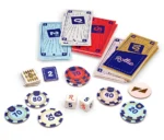 Jeu de société avec cartes colorées, jetons et dés