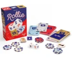 Jeu de société Rollie avec dés, jetons et cartes colorées