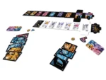 Jeu de société avec cartes colorées, pions et plateau de jeu