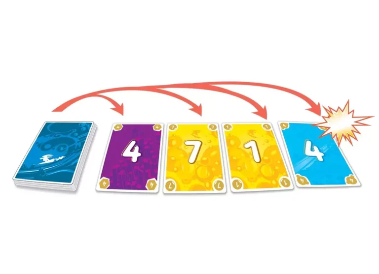 Cartes de jeu colorées avec flèches et explosion visuelle