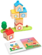 Jeu de construction maisons colorées avec blocs bois et livret
