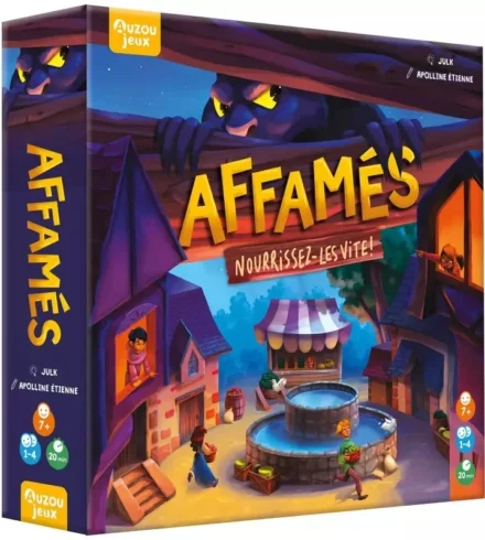 Boîte de jeu Affamés avec village coloré et fontaine