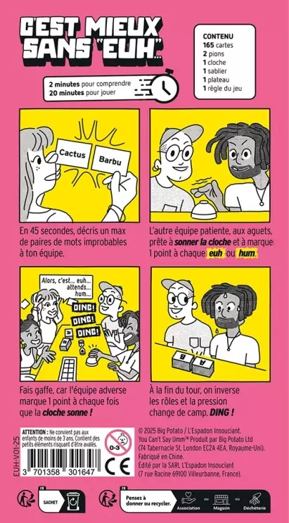 Boîte jeu de société C'est mieux sans 'euh' avec illustrations colorées