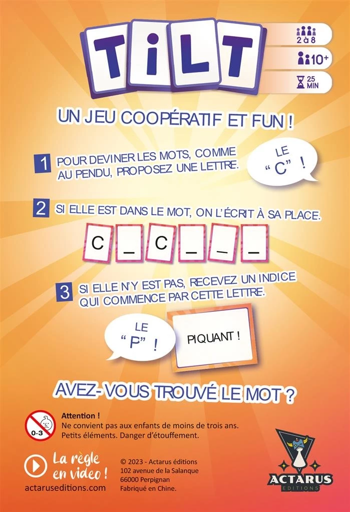 Jeu de société TILT, jeu coopératif pour 2-8 joueurs