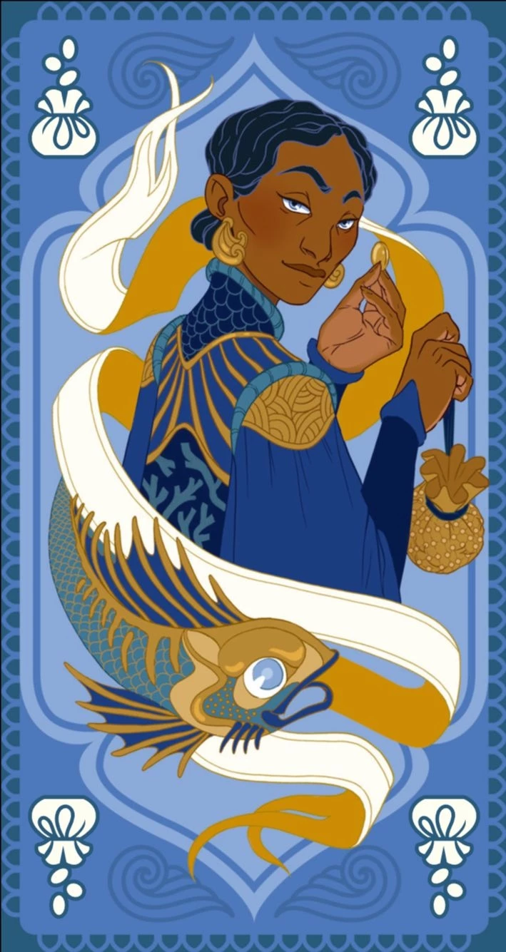 Illustration stylisée d'une femme sirène ornementale bleue et or