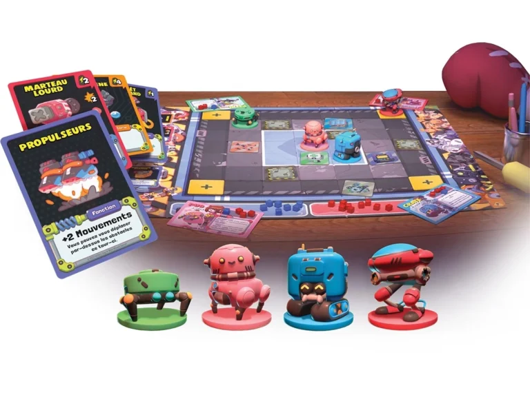 Jeu de société Marteau Lourd avec plateau, cartes et figurines robots colorés