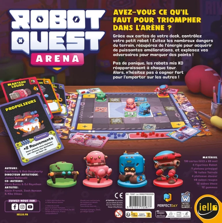 Boîte de jeu Robot Quest Arena avec plateau et figurines colorées