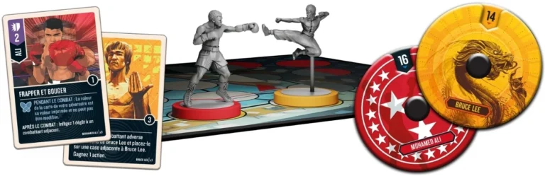 Jeu de plateau avec cartes de combat et jetons de personnages