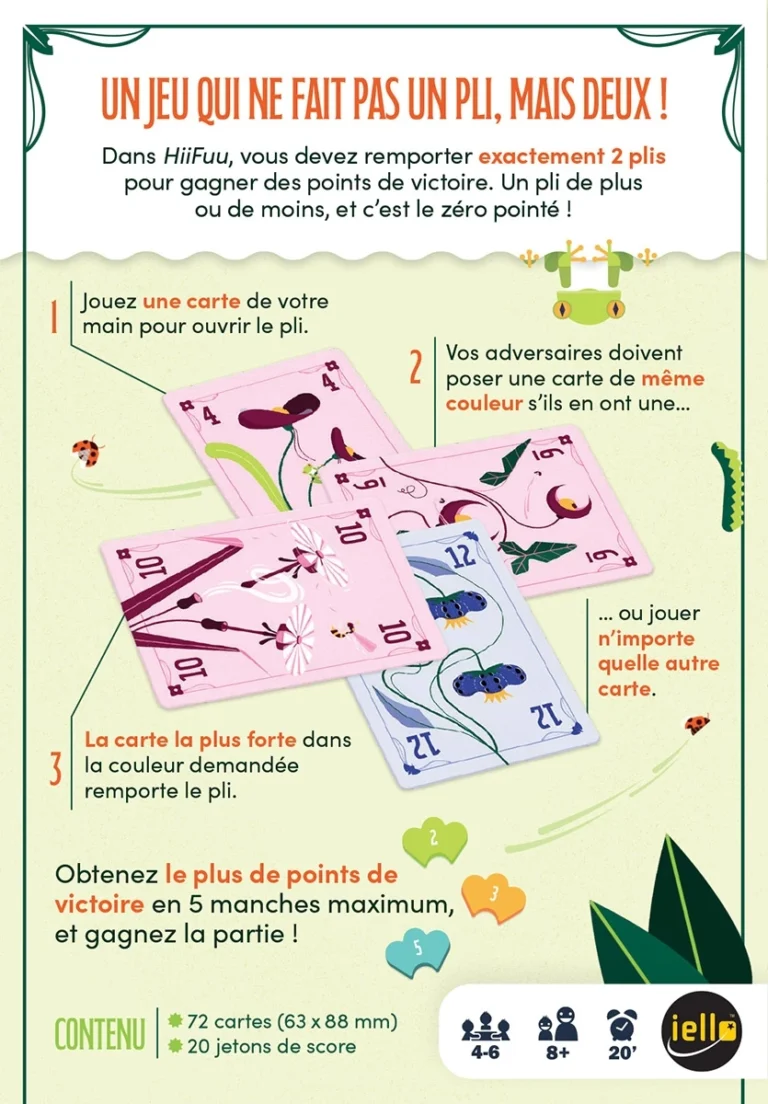 Règles du jeu HilFuu avec cartes colorées et jetons