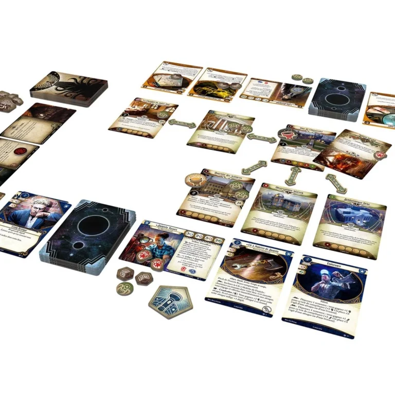Composants de jeu de plateau Eldritch Horror étalés