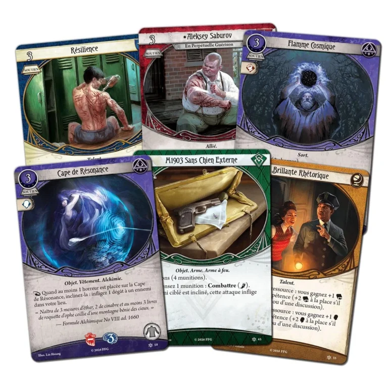 Cartes de jeu avec illustrations fantastiques et textes français