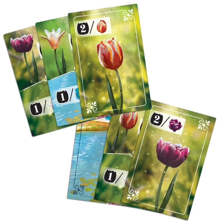 Cartes de jeu avec tulipes numérotées et paysage aquatique