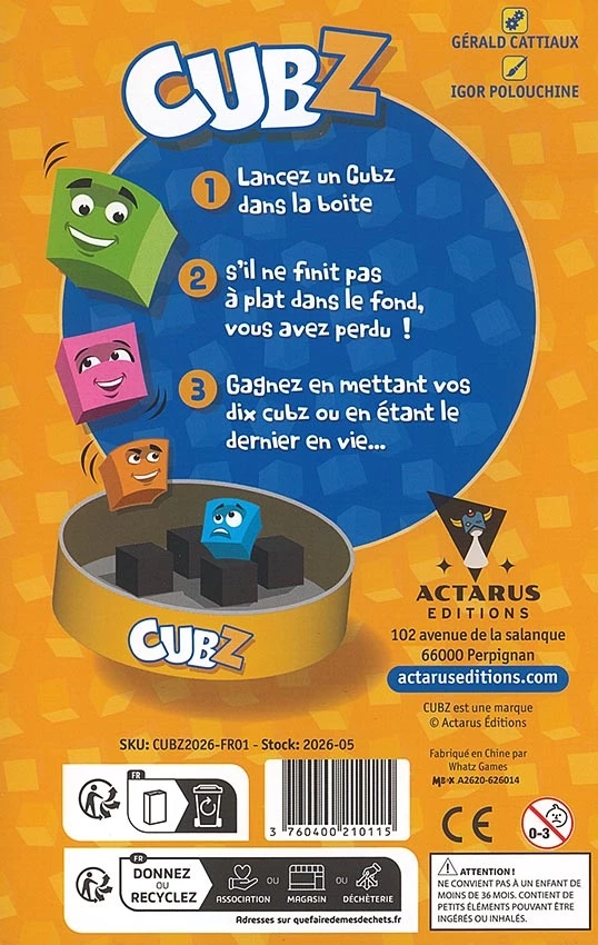 Boîte de jeu Cubz avec règles et personnages colorés