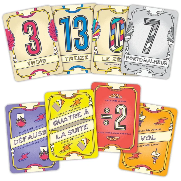 Cartes numérotées et action jeu colorées