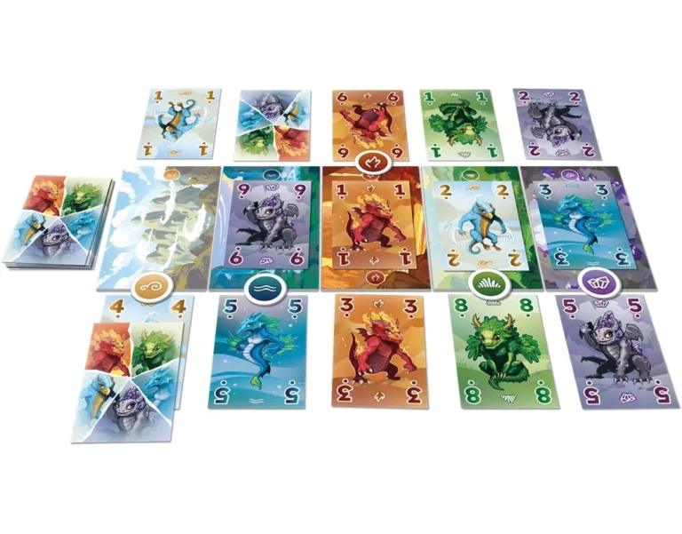 Cartes de dragons colorés et éléments naturels