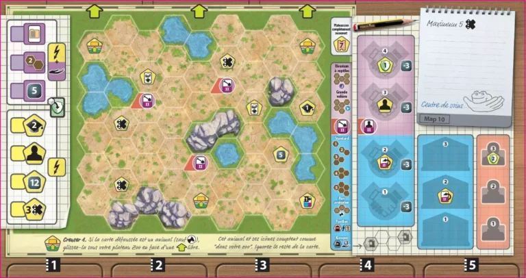 Plateau de jeu Zoo deşenat cu hexagoane și piese colorate