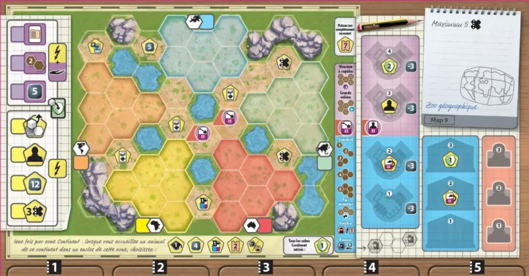 Jeu de plateau zoo géographique avec hexagones colorés