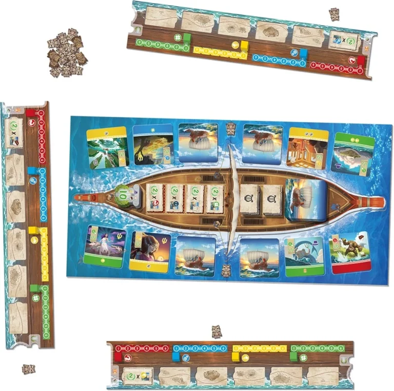 Plateau de jeu maritime avec cartes et pièces