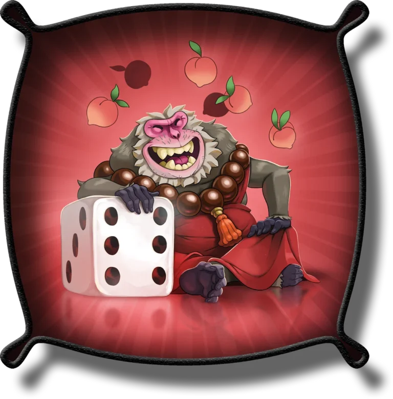 Monstre joyeux avec dé et fruits flottants