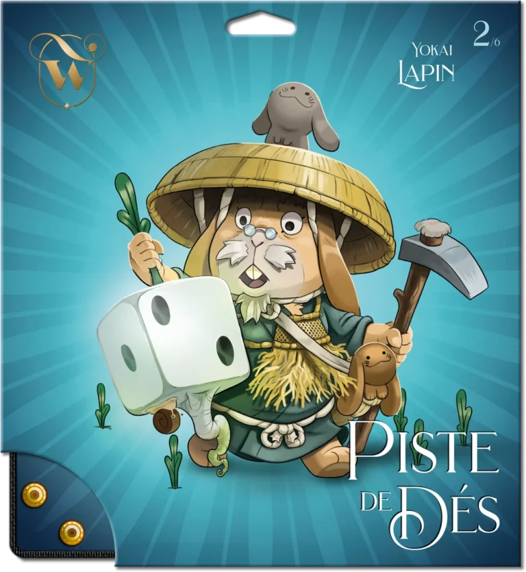 Lapin Yokai avec dés et outils de jardinage