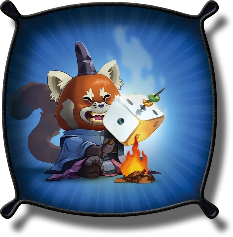 Red panda sorcier avec dés flamboyants