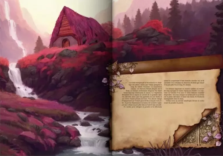 Maison rouge près d'une cascade dans la forêt