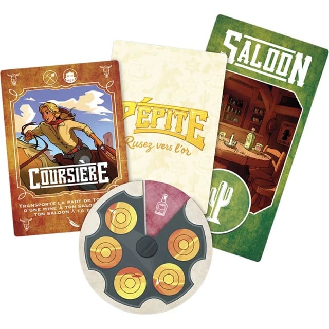 Cartes de jeu western Saloon, Pépite et Courrière avec jeton revolver
