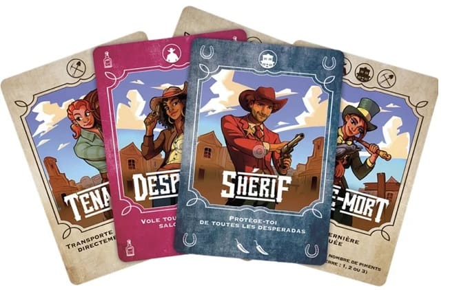 Cartes de jeu western illustrées, dont shérif et desperado