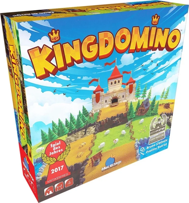 Boîte du jeu de société Kingdomino avec château et paysage