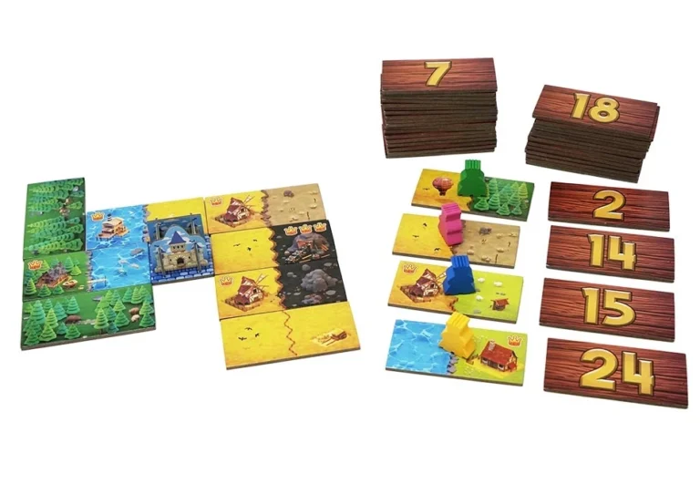Jeu de plateau avec tuiles numérotées et pions colorés