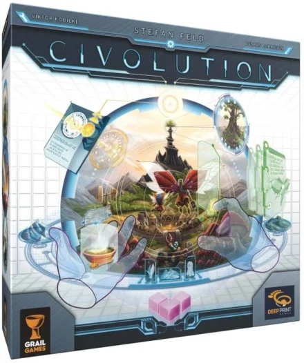 Boîte jeu de plateau Civolution avec écosystème futuriste