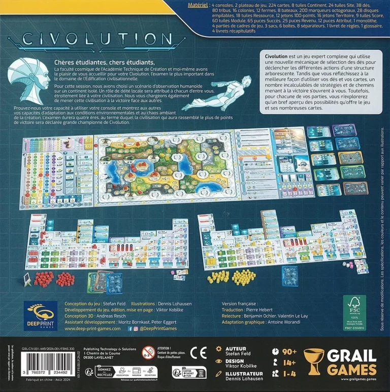Jeu de société Civolution avec plateau, cartes et jetons colorés