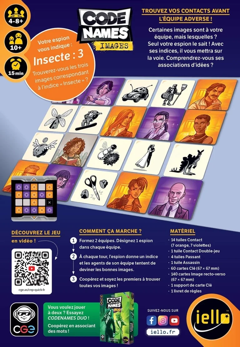 Jeu Code Names Images avec cartes espions et tuiles contact