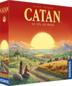 Boîte du jeu Catan avec paysage idyllique et coucher soleil