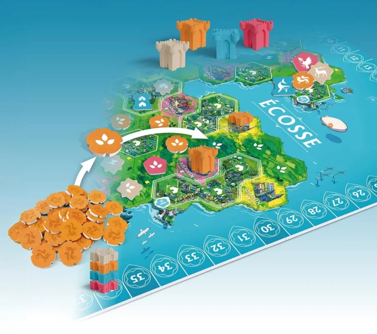 Jeu de plateau écosystème avec châteaux colorés et hexagones