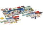 Jeu de société avec plateau, pions, cartes et jetons colorés
