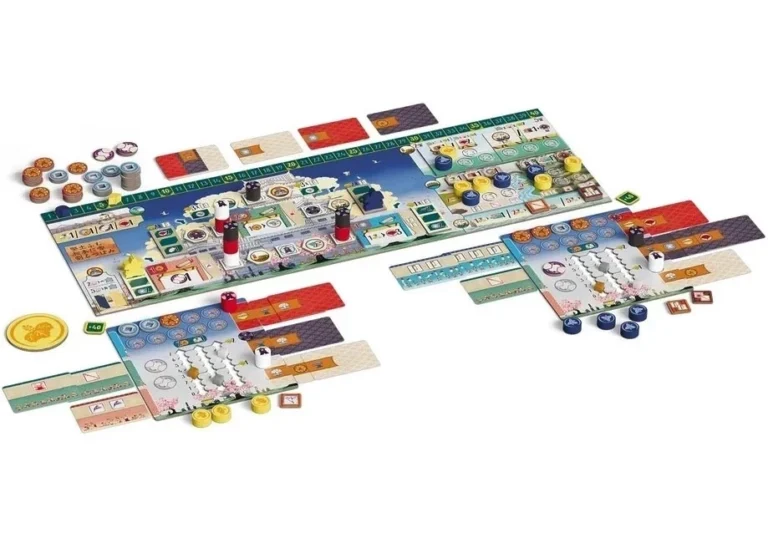 Jeu de société avec plateau, pions, cartes et jetons colorés
