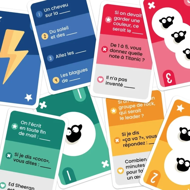 Cartes de jeu questions complétions amusantes couleurs