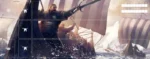 Guerrier viking brandissant épée sur navire longship