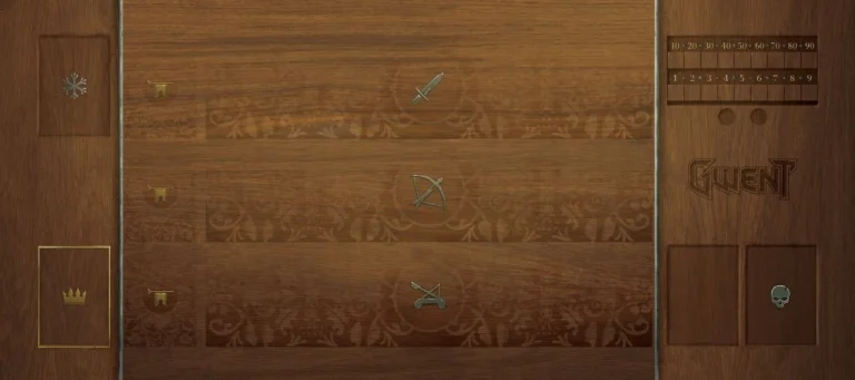 Interface jeu Gwent avec armes et symboles royaux
