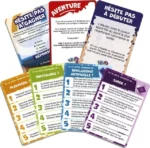 Cartes de jeu quiz colorées sur dinosaures et intelligence artificielle