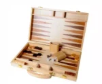 Coffret backgammon bois ouvert avec pions dés jeu