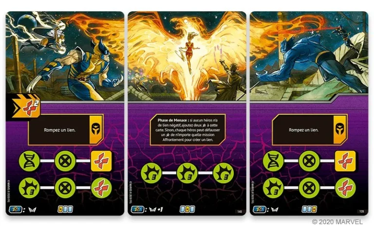 Cartes de jeu Marvel avec personnages superpuissances et symboles