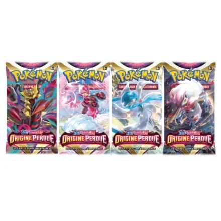 Quatre boosters Pokémon Origine Perdue avec différents Pokémon