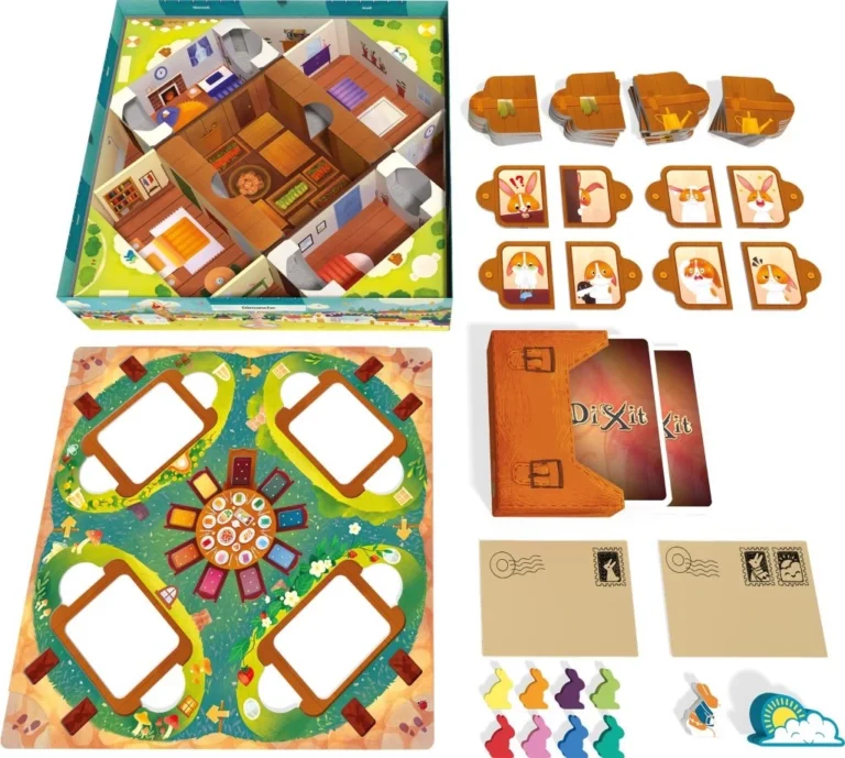 Jeu de société coloré avec cartes et plateau illustré
