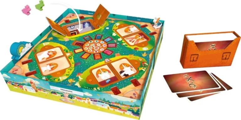 Jeu de société coloré avec cartes et plateau illustré